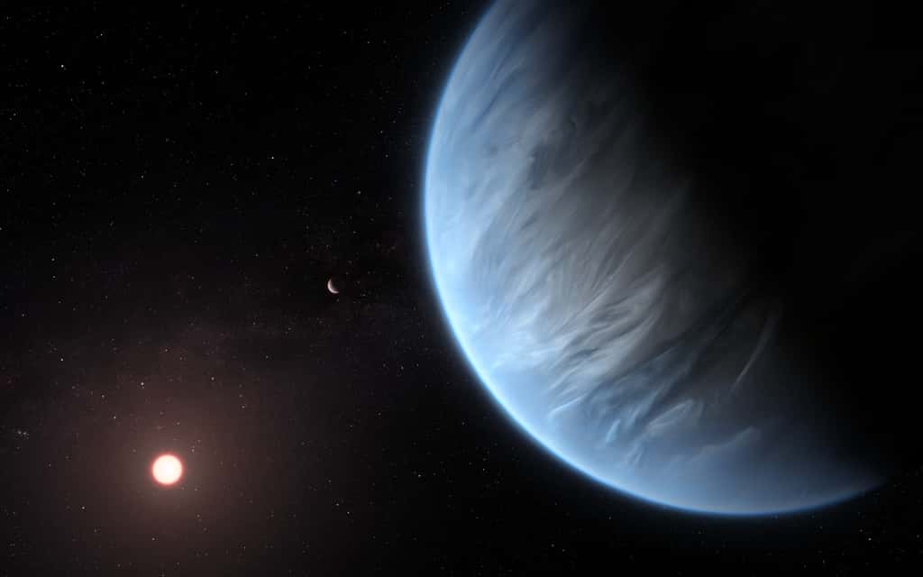 Vue d'artiste de l'exoplanète K2-18b autour de son étoile. © ESA, <em>Hubble Science Team</em>, M. Kornmesser