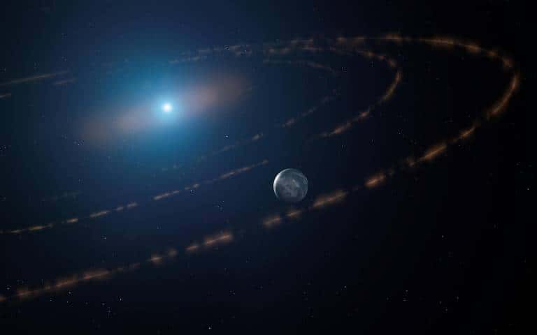 Vue d'artiste de l'étoile naine blanche WD1054–226 avec en orbite autour des nuages ​​de débris planétaires et une possible exoplanète majeure dans la zone habitable. © Mark A. Garlick, markgarlick.com