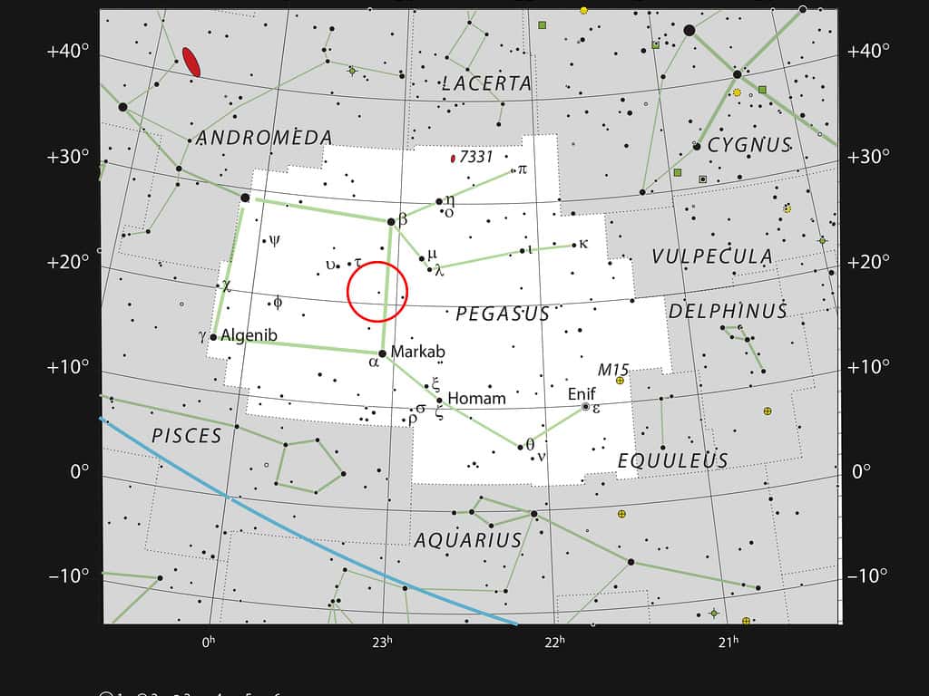 Ici, la constellation de Pégase, dont l’appellation se réfère au cheval ailé de la mythologie grecque. Sur ce graphe, figurent la localisation de HR8799 ainsi que la plupart des étoiles visibles à l’oeil nu, par temps clair et dans un ciel sombre. Cette constellation est bien connue des astronomes : elle rassemble trois des quatre étoiles brillantes qui définissent le Carré de Pégase, utilisé pour situer divers objets dans le ciel. La constellation est, en outre, composée de nombreux objets du fond du ciel qui présentent un intérêt pour les astronomes, en particulier le pulsar baptisé Croix d’Einstein ayant fait l’objet d’un effet de lentille gravitationnelle.© ESO, <em>IAU and Sky & Telescope</em>