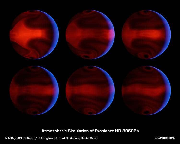 Ces images représentent à intervalle de temps régulier l'aspect de HD 80606b sur une dizaine de jours avant et après son passage au périastre de son étoile, c'est-à-dire à distance minimale. Les zones rouges dans la partie non éclairée indiquent le rayonnement thermique propre de la planète en réaction à son chauffage. Le développement d'une tempête y est bien visible. © Nasa/JPL-Caltech/J. Langton (UC Santa Cruz)