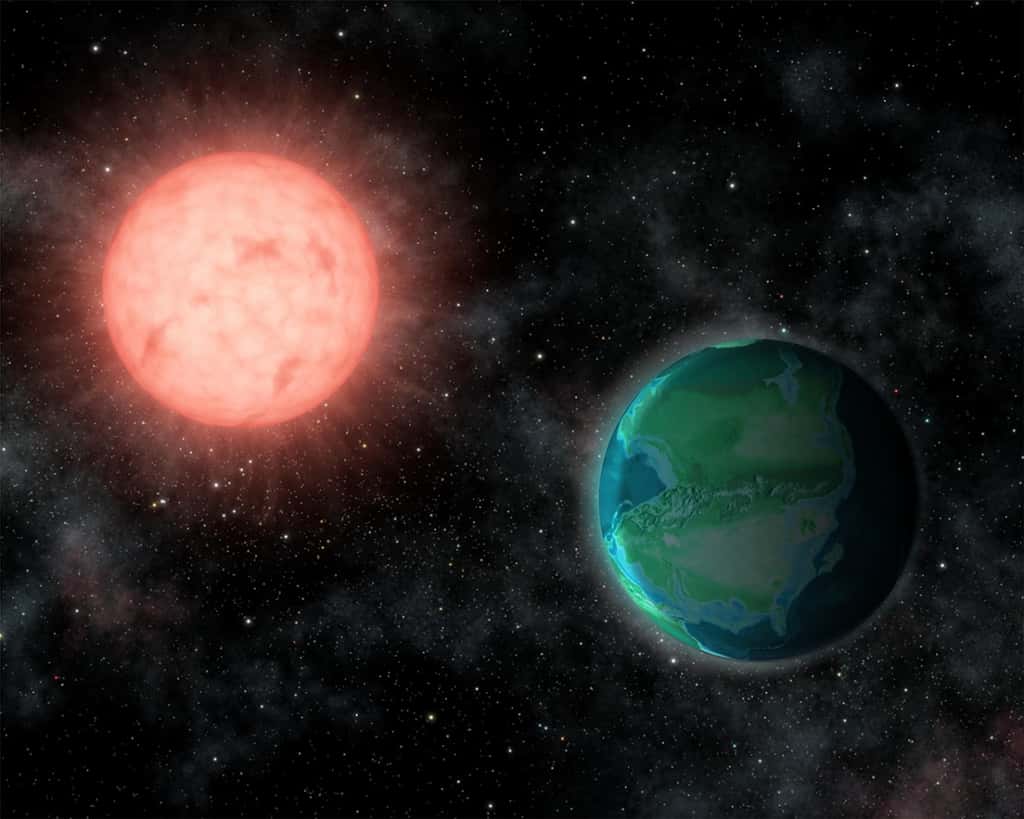 Illustration d’une planète rocheuse abritant de la vie en orbite autour de la naine rouge. © Jack O’Malley-James, <em>Cornell Universit</em>y