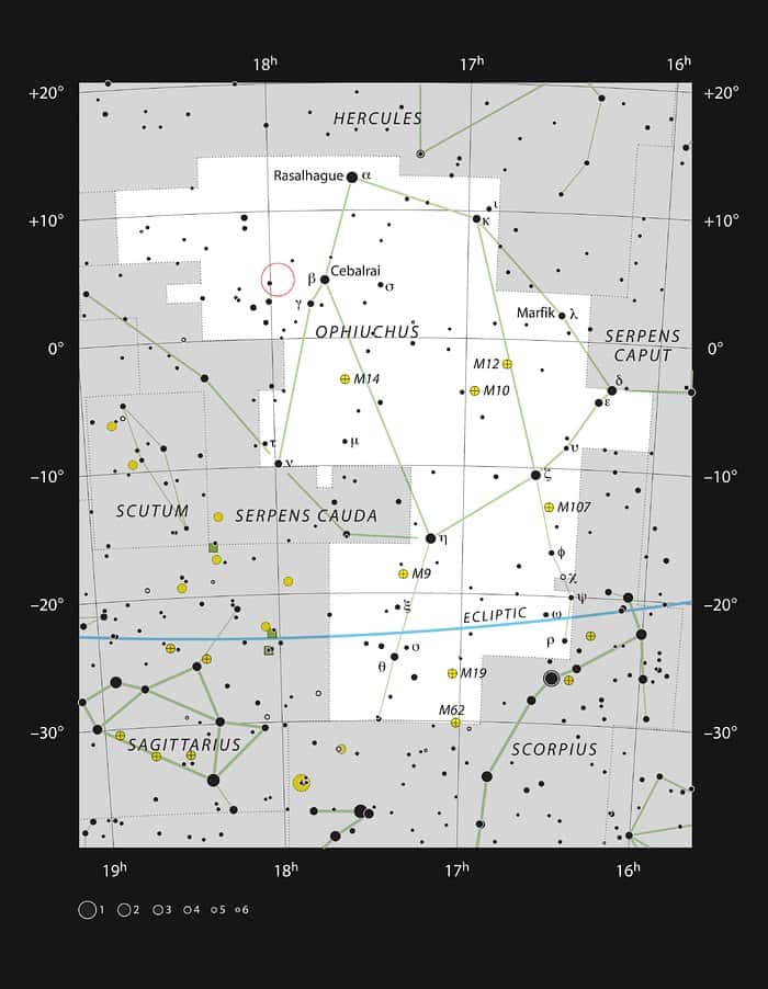 Sur cette carte figure la constellation d’Ophiuchus (le Serpentaire), de part et d’autre de l’équateur céleste. La localisation de l’étoile de Barnard y figure, ainsi que la plupart des étoiles visibles à l’œil nu par temps clair et par nuit sombre. © ESO, IAU and Sky &amp; Telescope