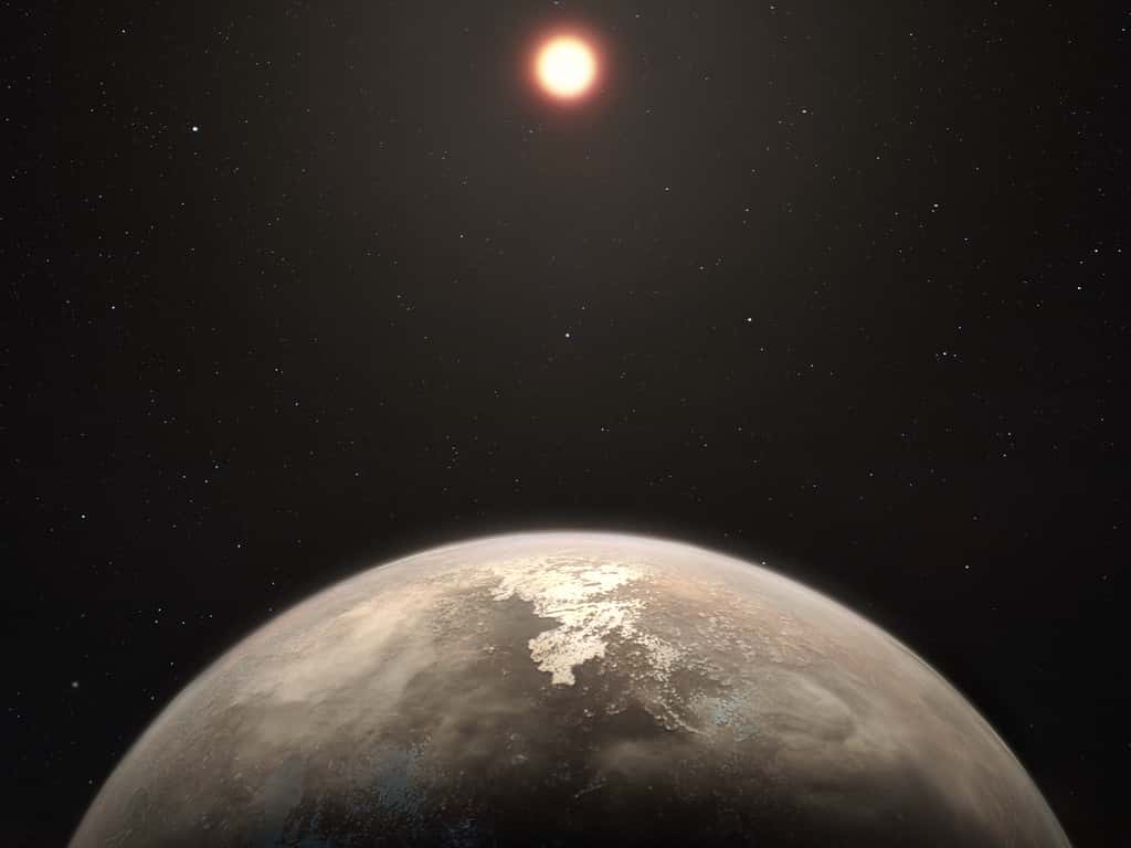 Cette vue d’artiste montre la planète tempérée Ross 128 b ainsi que son étoile hôte, une naine rouge, en arrière-plan. Ce nouveau monde constitue, à ce jour, la seconde planète peut-être tempérée la plus proche de la Terre après Proxima b. © ESO, M. Kornmesser