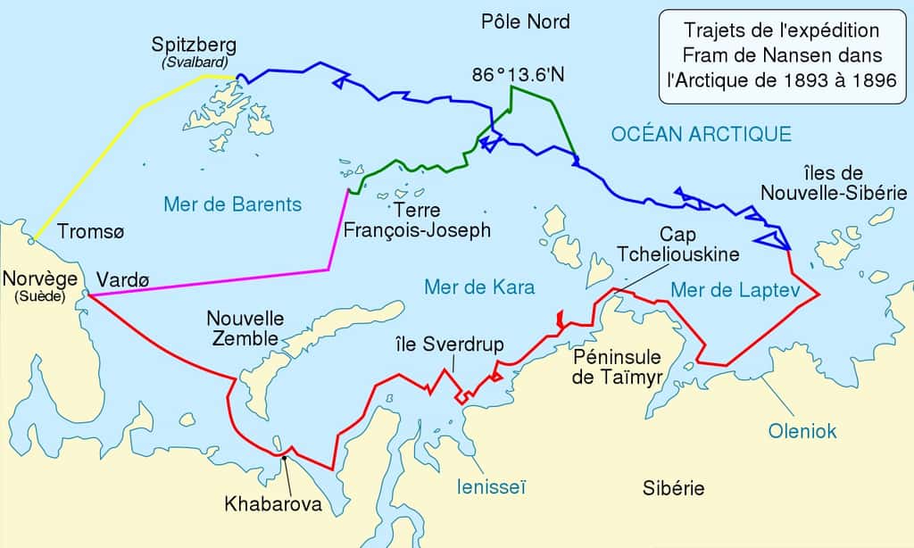En rouge, trajet du Fram vers l'est, depuis Vardø en Norvège jusqu'aux côtes de Sibérie, puis vers le nord après les îles de Nouvelle-Sibérie pour entrer dans le pack de glace (de juillet à septembre 1893). En bleu, dérive du Fram dans la banquise vers Spitzberg, suivant une direction nord puis ouest (de septembre 1893 à août 1896). En vert, marche de Nansen et Johansen vers le grand nord, jusqu'à la latitude 80°20'N, et leur retraite vers le cap Flora sur la terre de François-Joseph (de février 1895 à juin 1896). En rose, retour de Nansen et Johansen à Vardø depuis le cap Flora (août 1896). En jaune, retour du Fram de Spitzberg à Tromsø (août 1896). © Sémhur, Wikimedia Commons, CC by-sa 4.0