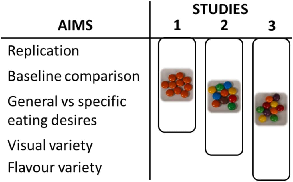 Vue d'ensemble des trois expériences et de leur contribution aux objectifs généraux. © Andersen, Byrne and Wang, <em>Appetite</em> (2022)