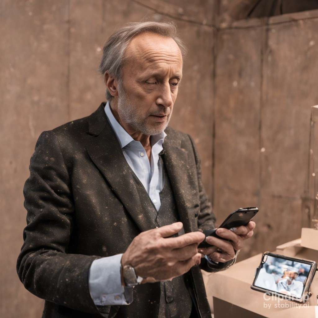 Fabrice Luchini tenant une coque d’iPhone à la maison tel que représenté avec Stable Diffusion XL. © Clipdrop