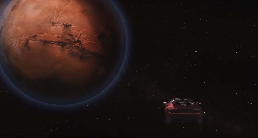 Illustration du roadster Tesla lancé par la puissante Falcon Heavy et en route vers Mars. © SpaceX