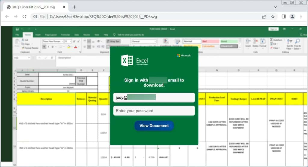 Exemple d’image SVG contenant un faux tableau Excel avec un formulaire de connexion. © BleepingComputer