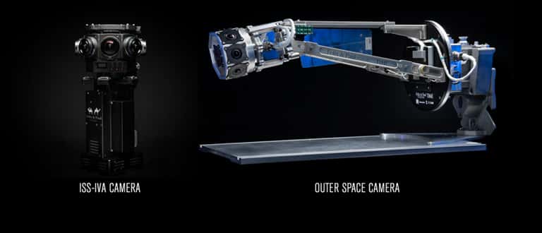 Les caméras utilisées pour filmer en 360° stéréoscopique. À gauche, celle utilisée à bord de l’ISS ; à droite, celle utilisée dans l’espace. © Felix &amp; Paul Studios