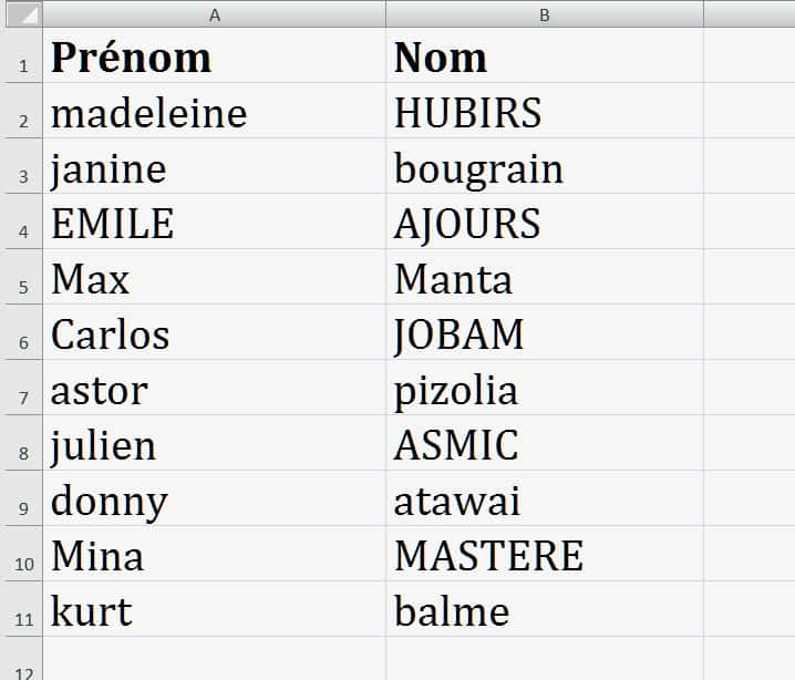 La feuille initiale : les prénoms et noms ont été entrés sans le moindre effort de présentation. © Microsoft