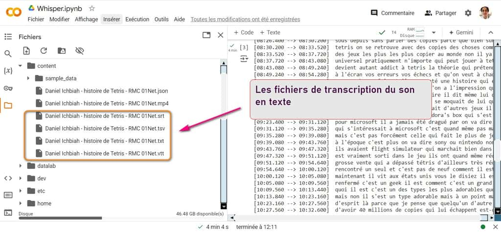 Les fichiers de transcription produits par Whisper. © Google