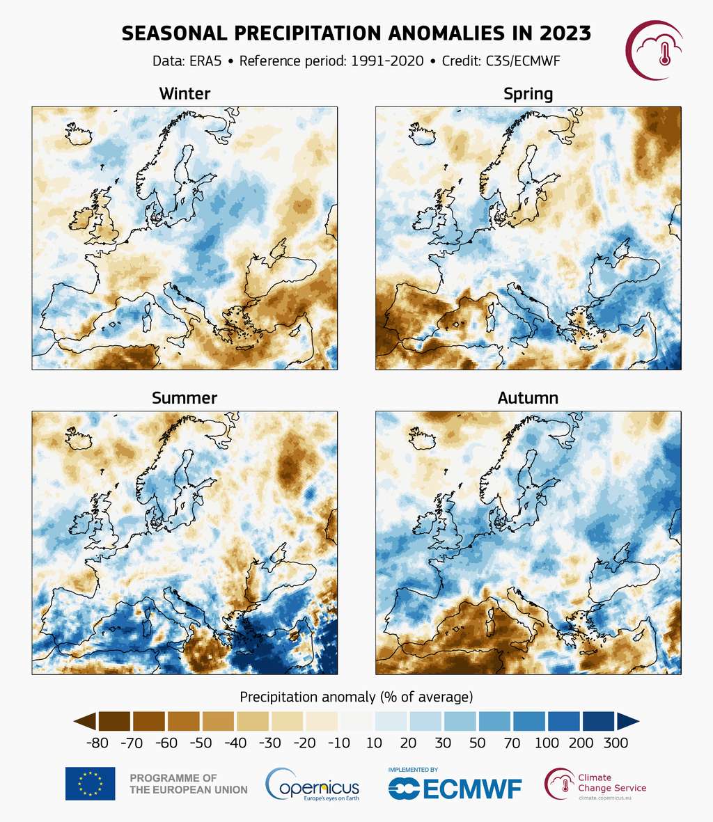 L'écart à la norme des précipitations à chaque saison en 2023. © Copernicus