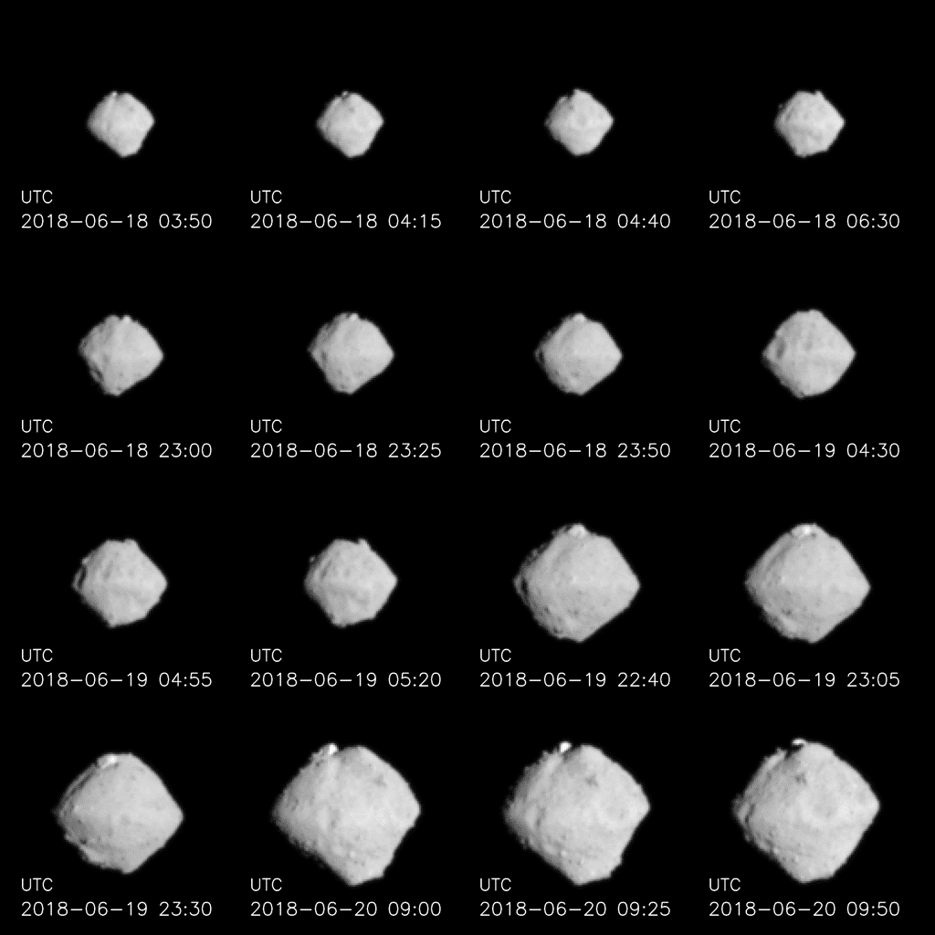 L’astéroïde Ryugu, entre 220 et 100 km de distance. © Jaxa, Université de Tokyo, Kochi University, Rikkyo University, Nagoya University, Chiba Institute of Technology, Meiji University, Aizu University, AIST