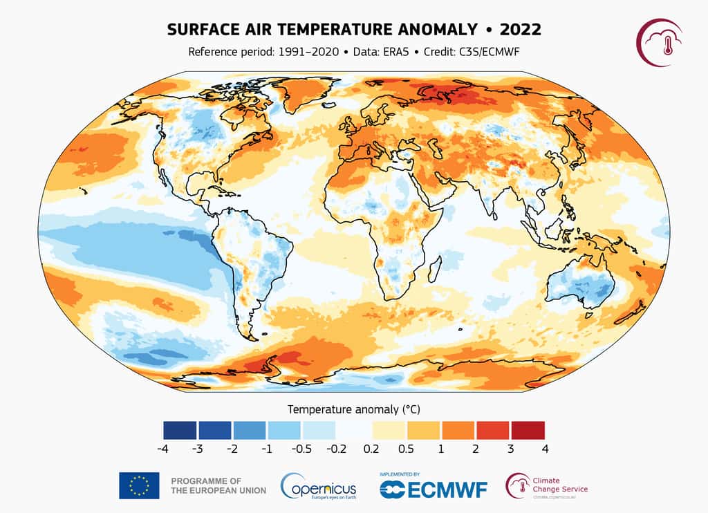 En comparaison, les anomalies de chaleur en 2022. © Copernicus