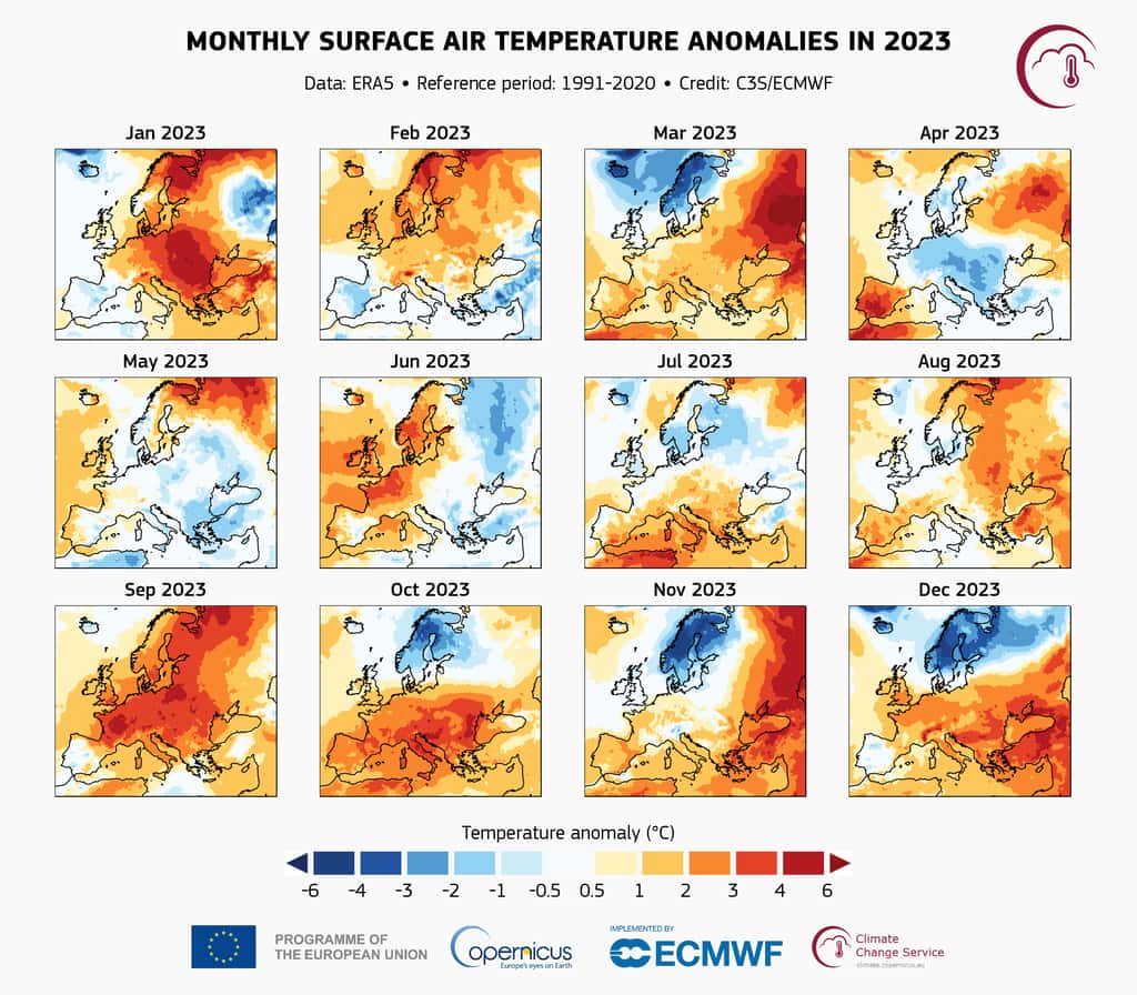 L'écart des températures à la norme au cours de l'année 2023 en Europe de l'Ouest. © Copernicus