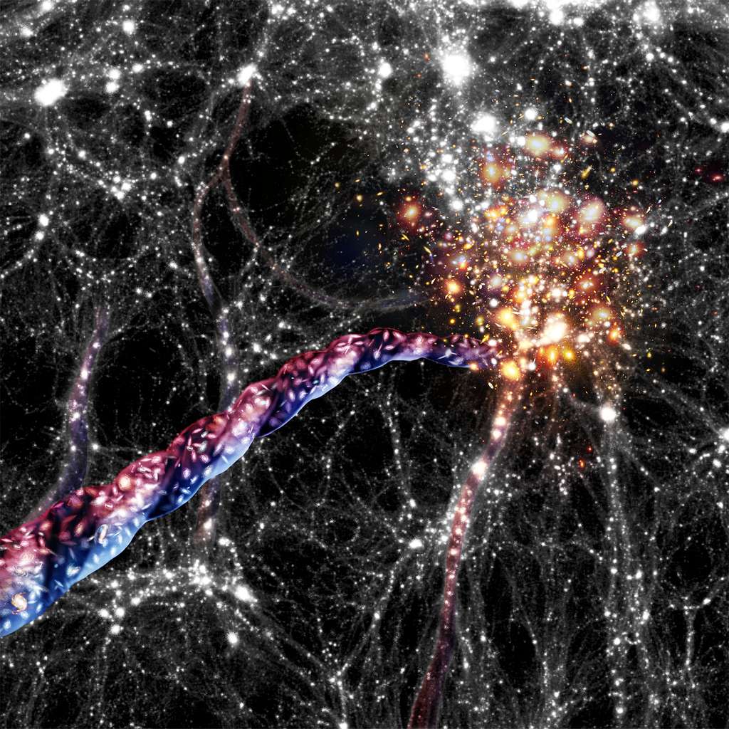 Vue d'artiste des filaments cosmiques : d'énormes ponts de galaxies et de matière noire relient les amas de galaxies les uns aux autres. Les galaxies sont canalisées comme sur des tire-bouchons connectant des grands amas. Leur lumière apparaît décalée vers le bleu lorsqu'elles se dirigent vers nous, et décalée vers le rouge lorsqu'elles s'éloignent. © AIP/ A. Khalatyan/ J. Fohlmeister