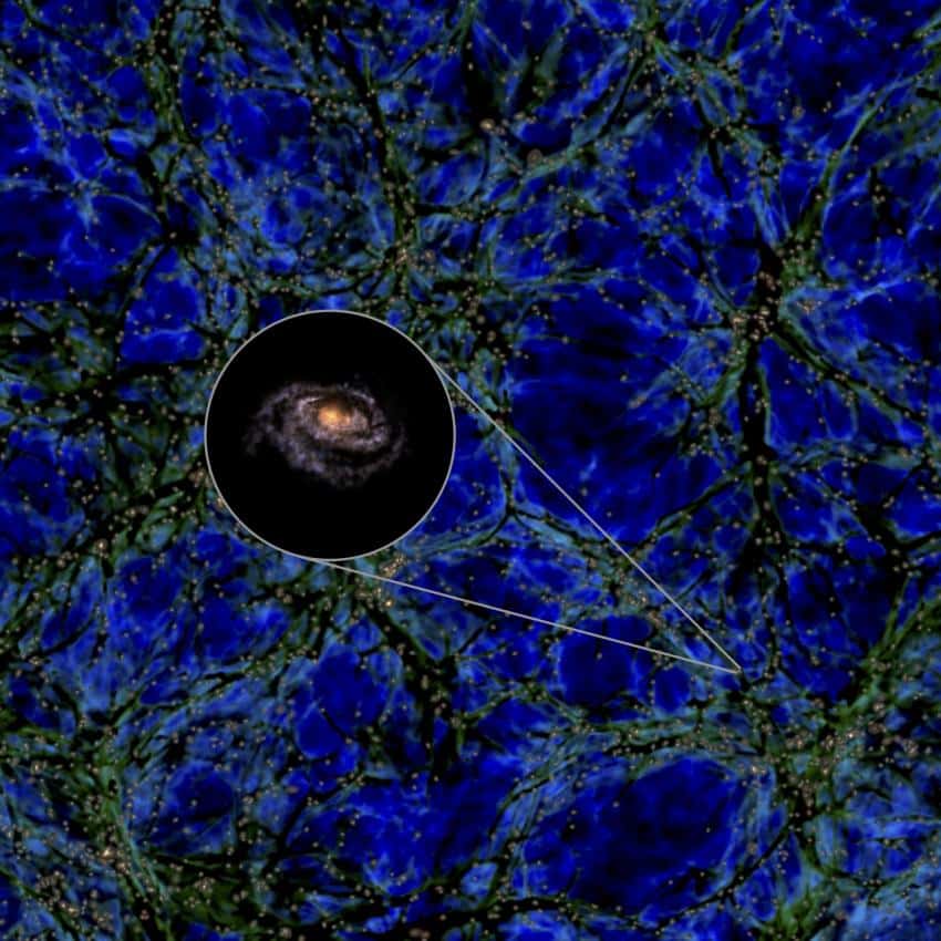 Une galaxie solitaire analogue à la Voie lactée, trop massive pour son mur. L'image de fond montre la répartition de la matière noire (verte et bleue) et des galaxies (ici vues comme de minuscules points jaunes) dans une fine tranche du volume cubique dans lequel nous nous attendons à trouver l'une de ces rares galaxies massives. © Miguel A. Aragon-Calvo, projet Illustris TNG