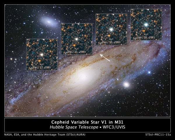 Les variations d’éclat de V1, une céphéide de la galaxie M 31. © Nasa/ESA/<em>Hubble Heritage Team</em> (STScI/AURA)/R. Gendler, CC by