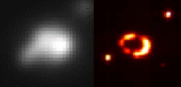 La supernova 1978A vue par le télescope spatial Spitzer à gauche, et une simulation de ce que l’on attend avec Miri à droite. L’image illustre l’amélioration de la qualité d’observation, notamment en termes de résolution angulaire. © Patrice Bouchet