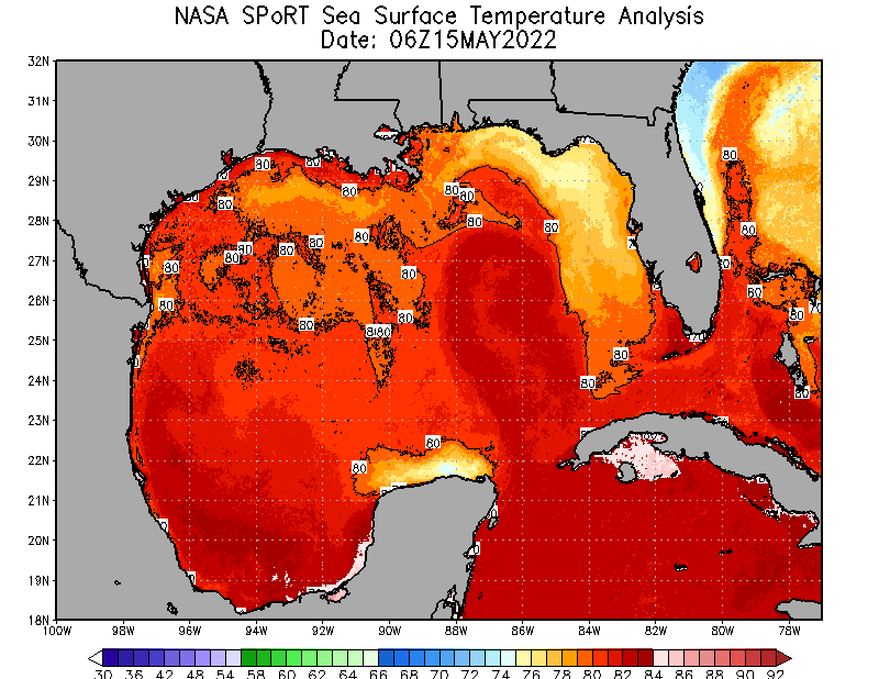 Le <em>Loop Current</em> mi-mai 2022 en rouge avec les températures en fahrenheit, et en gris les terres américaines. © Nasa