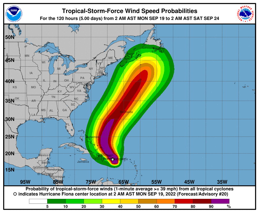 La trajectoire prévue de l'ouragan Fiona à travers l'Atlantique. © NOAA