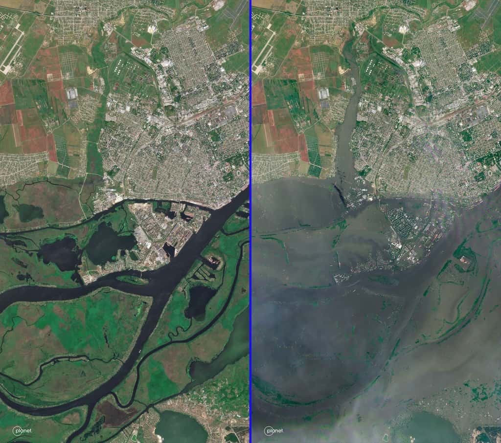 La ville de Kherson, située à 67 kilomètres en aval du barrage. Elle a été photographiée le 5 puis le 7 juin 2023. © Planet Labs, 2023