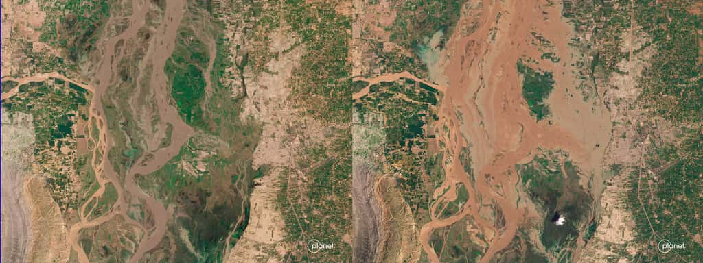 La ville de Mianwali, dans la province du Pendjab, dans le centre du pays. L'image de gauche a été acquise le 22 août et celle de droite le 28 août.© Planet Lab PBC