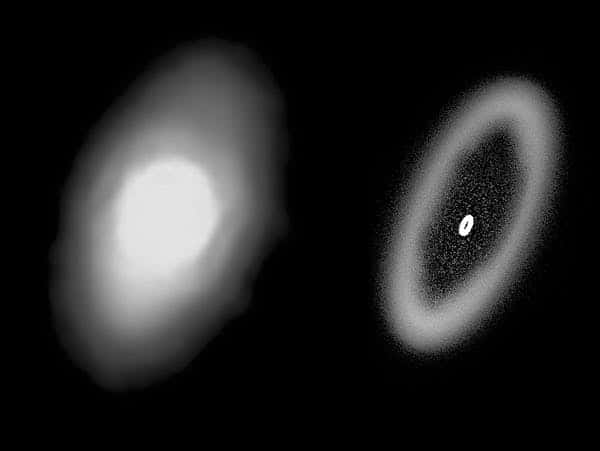 Fomalhaut est l'étoile la plus brillante de la constellation du Poisson austral. Elle est entourée d'un disque de débris et de poussières. À gauche, limage obtenue par le télescope spatial Spitzer, à droite, une simulation d'une observation typique attendue avec le Webb. © Andras Gaspar