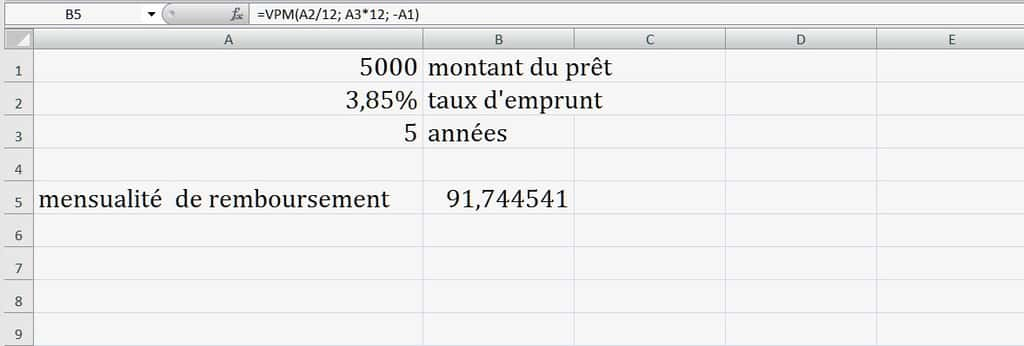 ChatGPT nous a indiqué la formule à appliquer pour obtenir le montant mensuel de remboursement d’un prêt sur cinq ans. © Microsoft