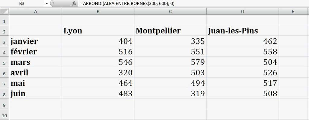 La formule qui a créé des séries de nombres aléatoires entre 300 et 600 nous a été fournie par ChatGPT. © Microsoft