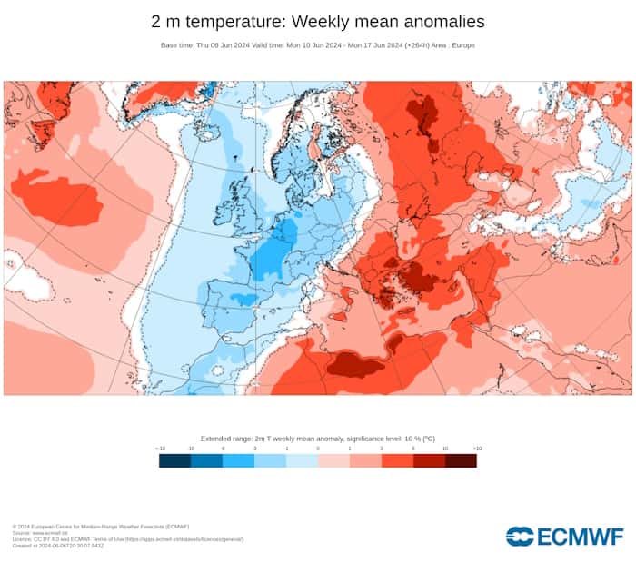Les anomalies de températures ce lundi 10 juin : la France se trouve en plein sur la trajectoire de la descente de l'air polaire. ©  Météo France