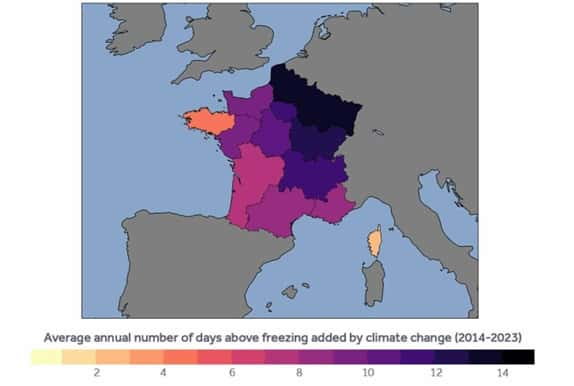 Le nombre de jours avec des températures négatives ayant disparu au cours de la dernière décennie. © Climate Central