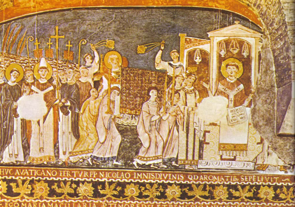 Procession amenant les reliques de pape S. Clément Ier à la basilique Saint-Clément-du-Latran (fresque du xie siècle) © WIKIMÉDIA COMMONS, DOMAINE PUBLIC