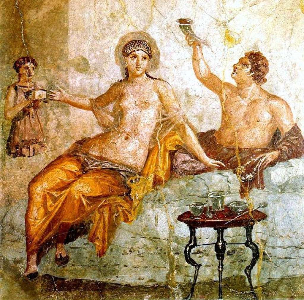 Scène de banquet, fresque d’Herculanum, I<sup>er</sup> siècle apr. J.-C. <em>Wikimedia Commons, </em>domaine public