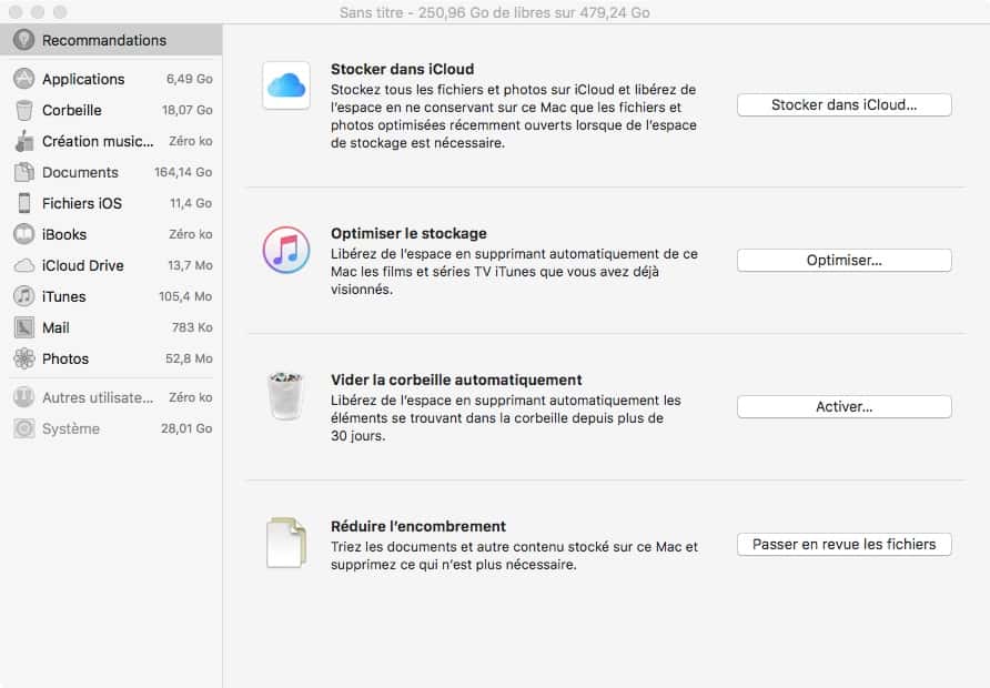 MacOS propose en standard divers outils de gestion du disque dur : optimisation du stockage, réduction de l’encombrement… © MacOS, Apple