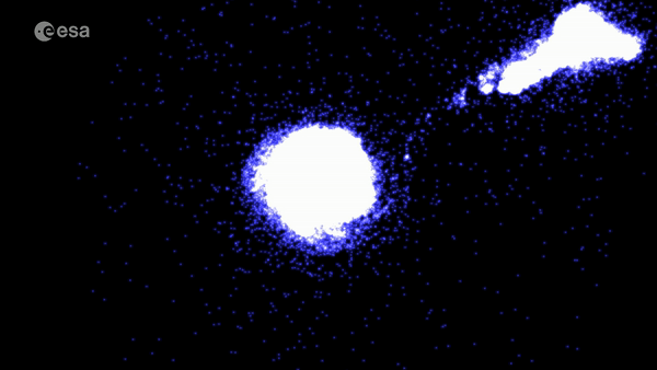 Cette animation montre un courant d'étoiles allant du Petit Nuage de Magellan, en haut à droite, au Grand Nuage de Magellan, en bas à gauche. © ESA/Gaia/DPAC, CC by-sa 3.0 IGO