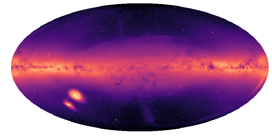 Carte du ciel de la Voie lactée en mouvement à l'aide des données Gaia. Les zones avec un mouvement important sont représentées en noir/violet et celles avec un mouvement relativement faible en jaune. © C. Laporte et <em>al.</em>, MNRAS, 2021