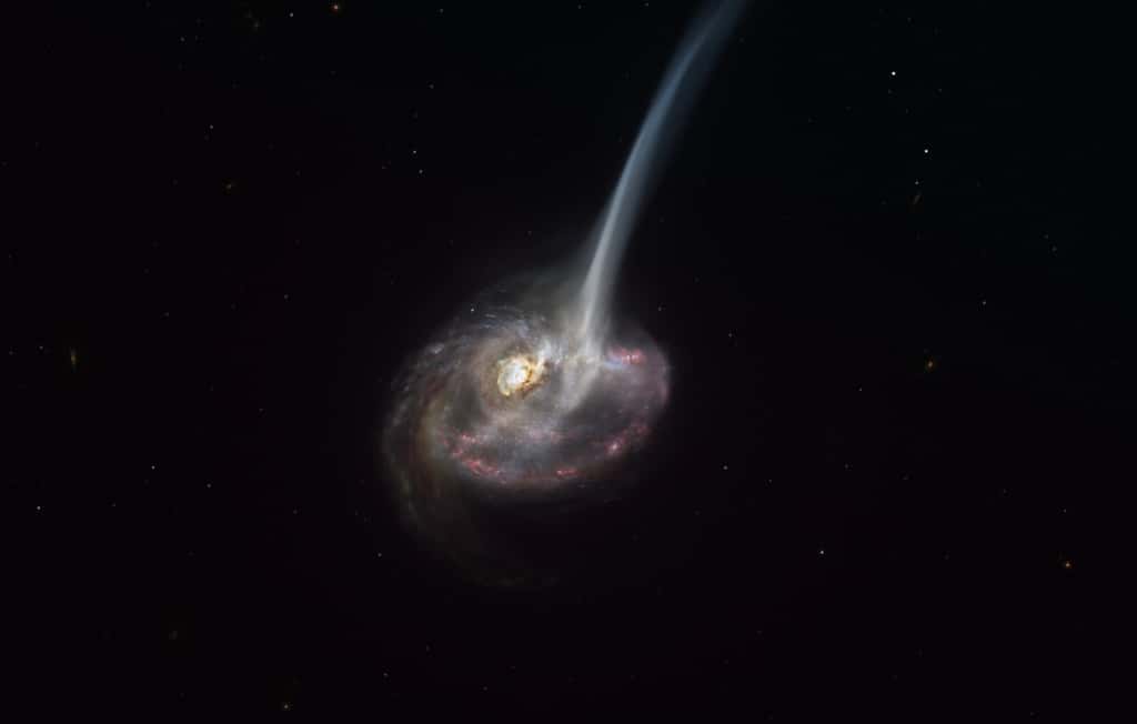 Cette vue d'artiste d'ID2299 montre la galaxie, fruit d'une collision galactique, et une partie de son gaz éjecté par une « queue de marée » à la suite de la fusion. Elle illustre les nouvelles observations faites avec Alma, dont l'ESO est partenaire qui ont permis de saisir les premières étapes de cette éjection, avant que le gaz n'atteigne les très grandes échelles. © ESO, M. Kornmesser