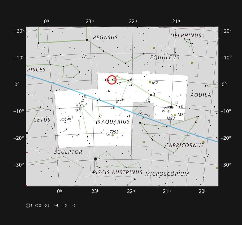 Sur cette carte figure la localisation de la galaxie naine de Kinman, dont une mystérieuse étoile variable bleue lumineuse a disparu. La plupart des étoiles visibles à l’œil nu dans de bonnes conditions d’observation sont représentées, et le système étudié est entouré d’un cercle de couleur rouge. © ESO, <em>IAU and Sky & Telescope</em> 
