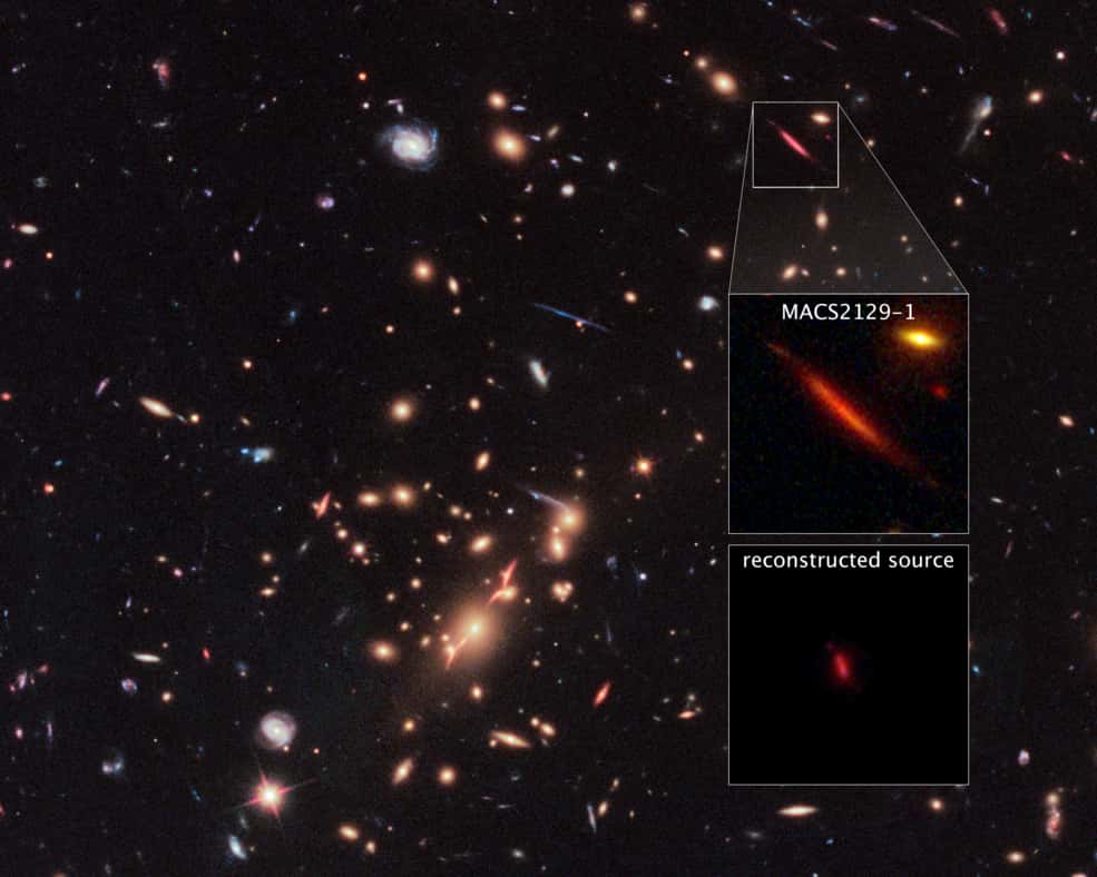 Image de l'amas massif de galaxies jouant l'effet d'un télescope naturel. La galaxie distante &quot;morte&quot;, de couleur rouge, est encadrée par un rectangle. © Nasa, ESA, S. Toft (<em>University of Copenhagen</em>), M. Postman (STScI), the CLASH team, Insu