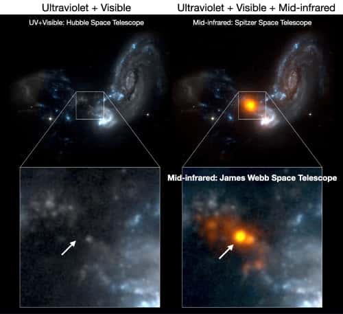 Les astronomes d'une équipe internationale ont utilisé le télescope spatial James-Webb pour révéler dans l'infrarouge moyen (<em>mid-infrared, </em>en anglais) et pour la première fois, l'emplacement exact d'une source d'énergie alimentant les galaxies en collision. Curieusement, cette source se situe en dehors des parties principales des galaxies et n'est pas du tout visible dans la lumière ultraviolette ou visible observée avec le télescope spatial Hubble. © Hanae Inami, <em>Hiroshima University</em>