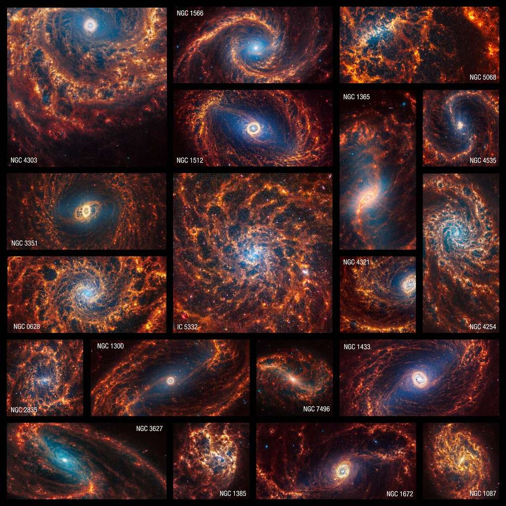 Images des 19 galaxies spirales prises par le télescope spatial James-Webb dans l'infrarouge proche et moyen. © Nasa, ESA, CSA, STScI, Janice Lee (STScI), Thomas Williams (Oxford), PHANGS Team, Elizabeth Wheatley (STScI)