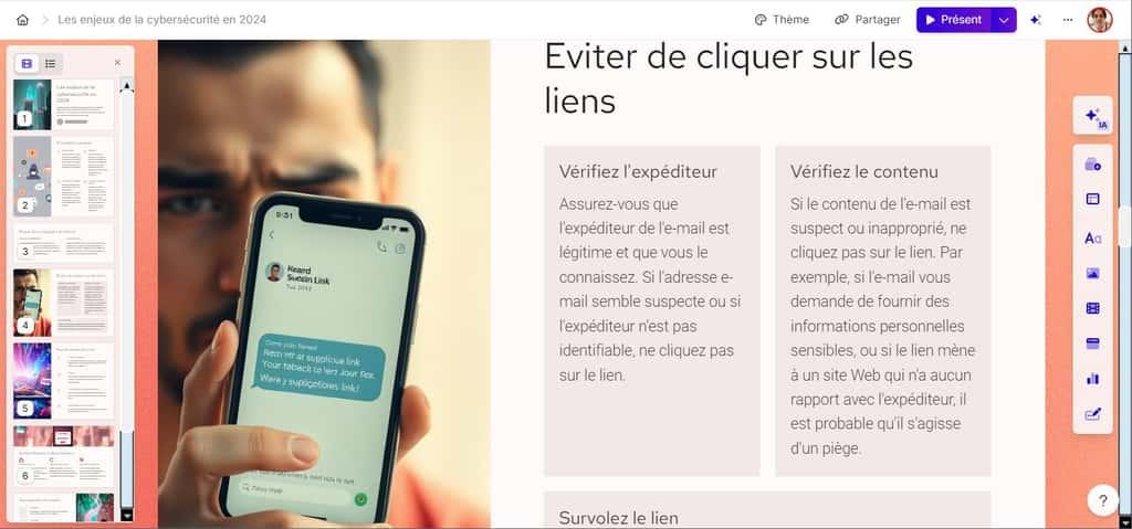 Dans chaque diapositive, Gamma.app a généré des textes cohérents, exploitables tels quels. © Gamma.app