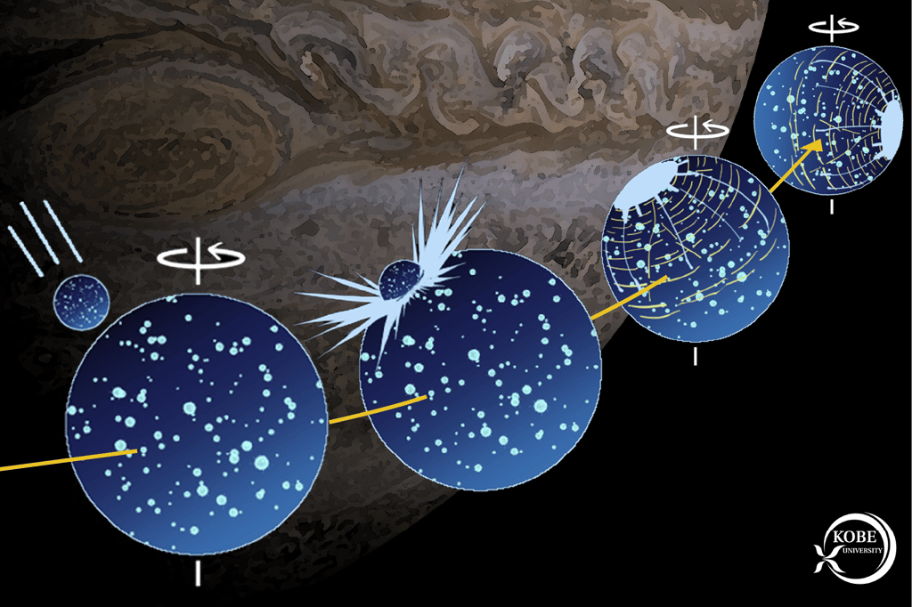  Naoyuki Hirata de l'université de Kobe a été le premier à comprendre que l'impact d'un astéroïde sur Ganymède, la lune de Jupiter, se situe presque exactement sur le méridien le plus éloigné de Jupiter. Cela implique que Ganymède a subi une réorientation de son axe de rotation et a permis à Hirata de calculer quel type d'impact aurait pu provoquer ce phénomène. © Naoyuki Hirata (CC BY)