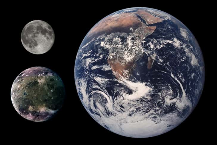 Une comparaison entre la taille de la Lune (en haut à gauche) et celle de Ganymède et de la Terre. La gravité de cette lune, son contenu en eau et son champ magnétique l'ont conduite à être colonisée dans bien des ouvrages de science-fiction, comme ceux d'Arthur Clarke et Isaac Asimov. © CWitte, DP, Wikipédia