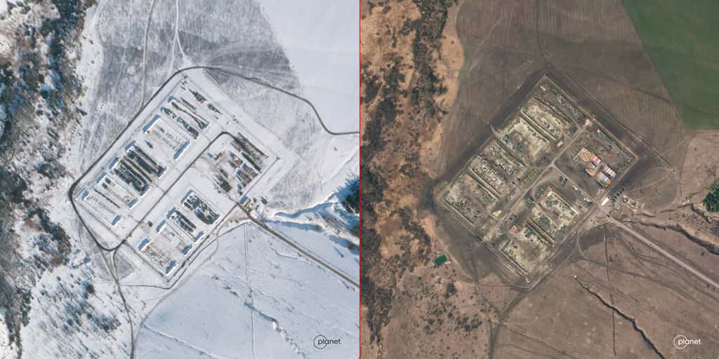 L'image de gauche, sous la neige, a été acquise le 13 février et celle de droite le 8 avril. © 2022 Planet Labs PBC