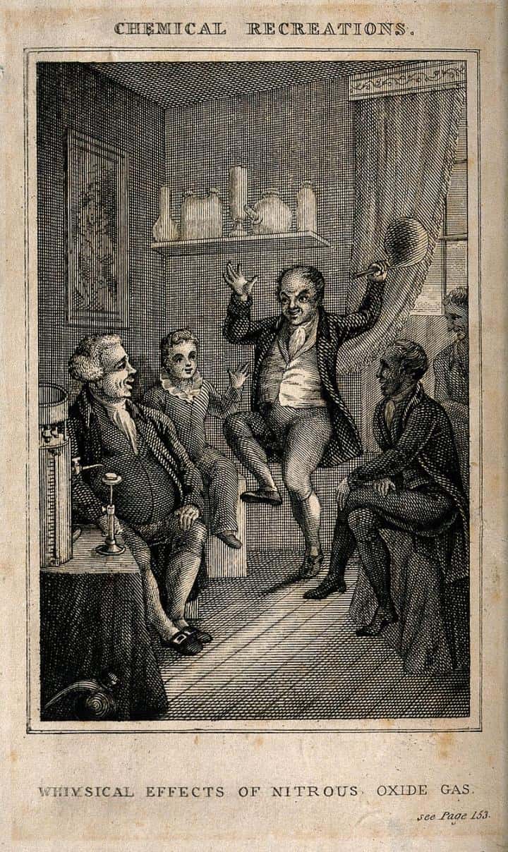 Le gaz hilarant (N<sub>2</sub>O) est utilisé comme anesthésiant depuis plus de 150 ans. Sur cette gravure du 19<sup>e</sup> siècle, un homme danse après avoir inhalé ce gaz. © Wellcome Library, London, Wellcome Images
