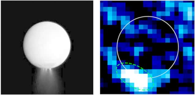À gauche, éruptions cryovolcaniques au pôle Sud d'Encelade, lune de Saturne (© Nasa, JPL-Caltech, SSI). À droite, observation des éruptions cryovolcaniques au pôle Sud d'Europe, lune de Jupiter, par le télescope spatial Hubble (© Nasa, L. Roth). En facilitant le transport d’eau liquide et d’énergie entre leur intérieur et leur surface, une activité similaire pourrait créer des environnements habitables sur les exoplanètes océaniques glacées. © Quick et al, 2023