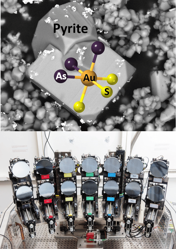 En haut, cluster atomique formé par la rencontre de l’or avec l’arsenic et le soufre lors de son incorporation dans la pyrite arsénifère. En bas, dispositif de spectroscopie d’absorption de rayons X de haute résolution sur synchrotron (ligne de lumière FAME-UHD). © G. Pokrovski, M. Kokh, M. Blanchard, D. Testemale