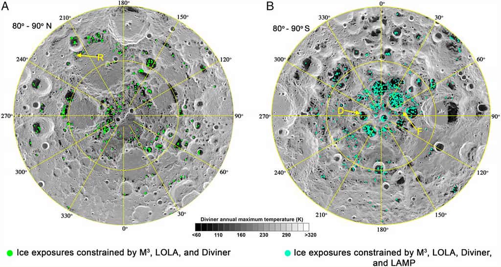 État des dépôts connus de glace d'eau aux pôles de la Lune recensés par la sonde <em>Lunar Reconnaissance Orbiter</em> de la Nasa. © Nasa,<em> Lunar Orbiter Laser Altimeter Science team</em>